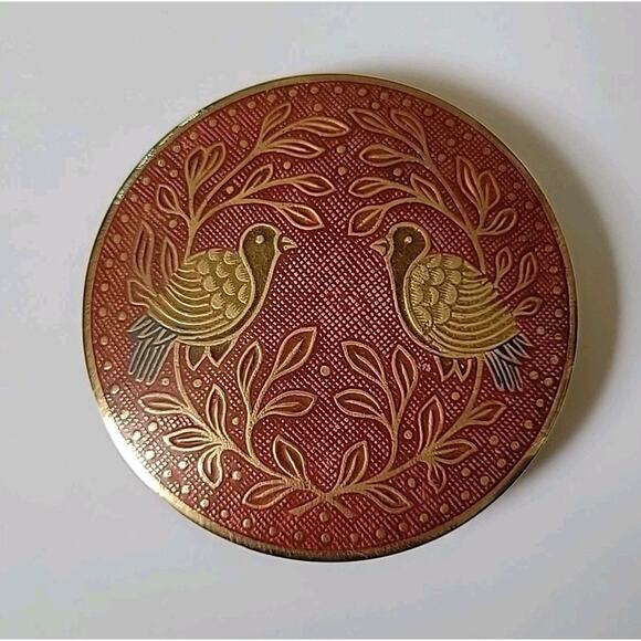 Vintage Accessories - Vintage Enameled Cloisonne Brass Belt Buckle 3.5" Doves of Peace Laurel Leaves